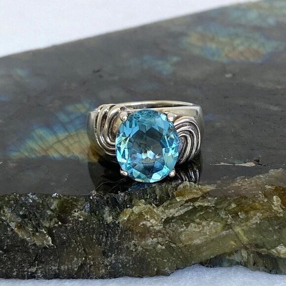 Sterling Silver 925 Oval Blue Topaz CZ Modernist Style Statement Ring Sz 5.75 - Picture 11 of 16